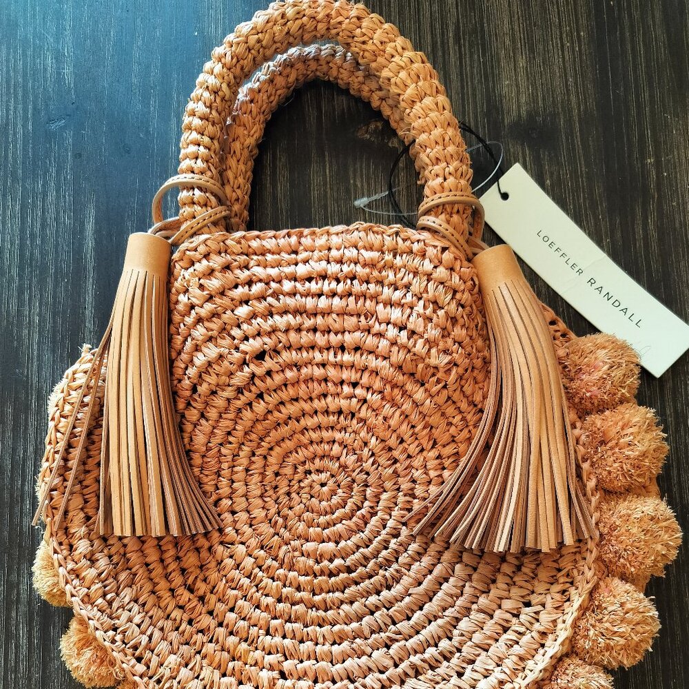 NWT Loeffler Randall Tan Woven Straw Circle Tote with Tassels